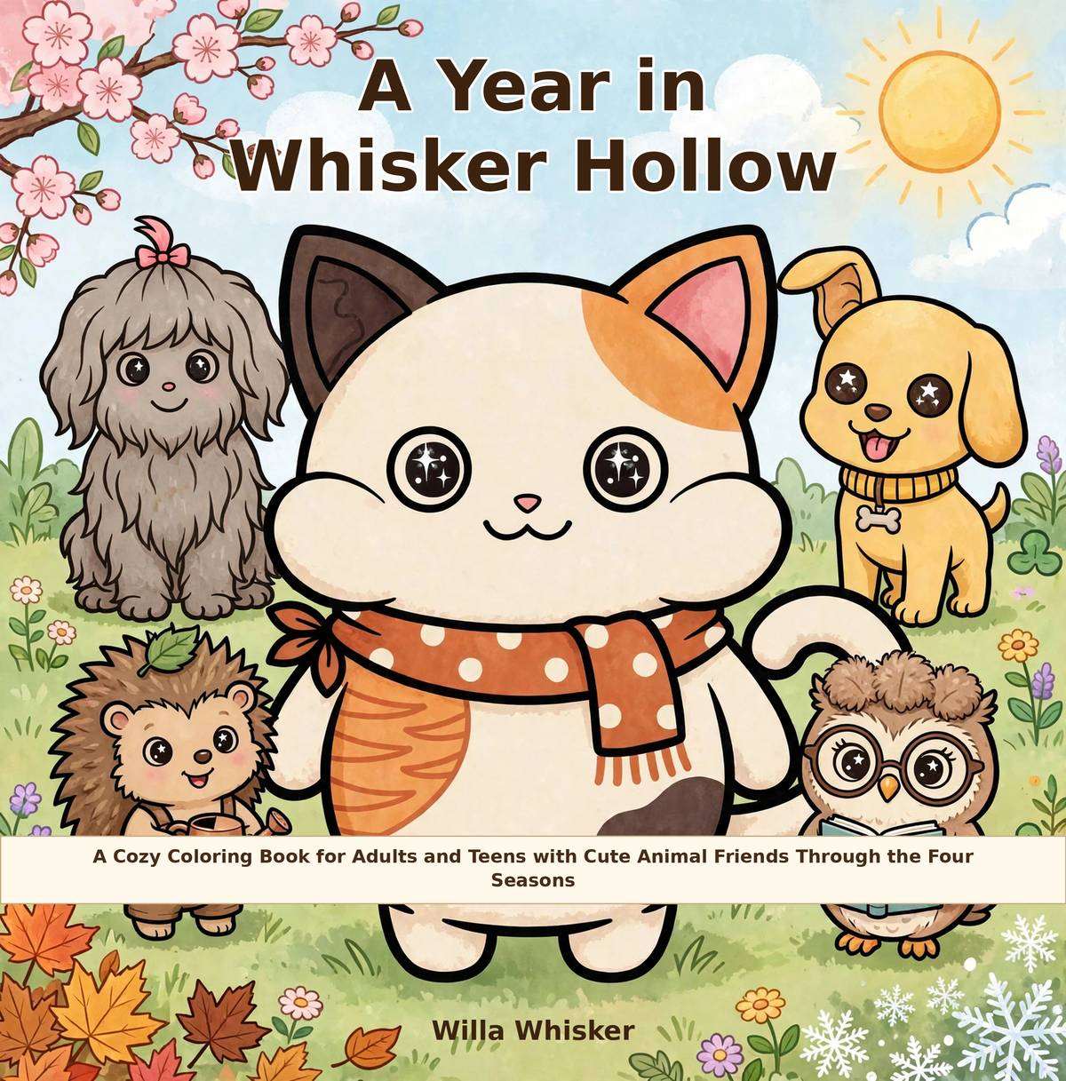 A Year in Whisker Hollow coloring book cover — Willa and her four animal friends through the seasons