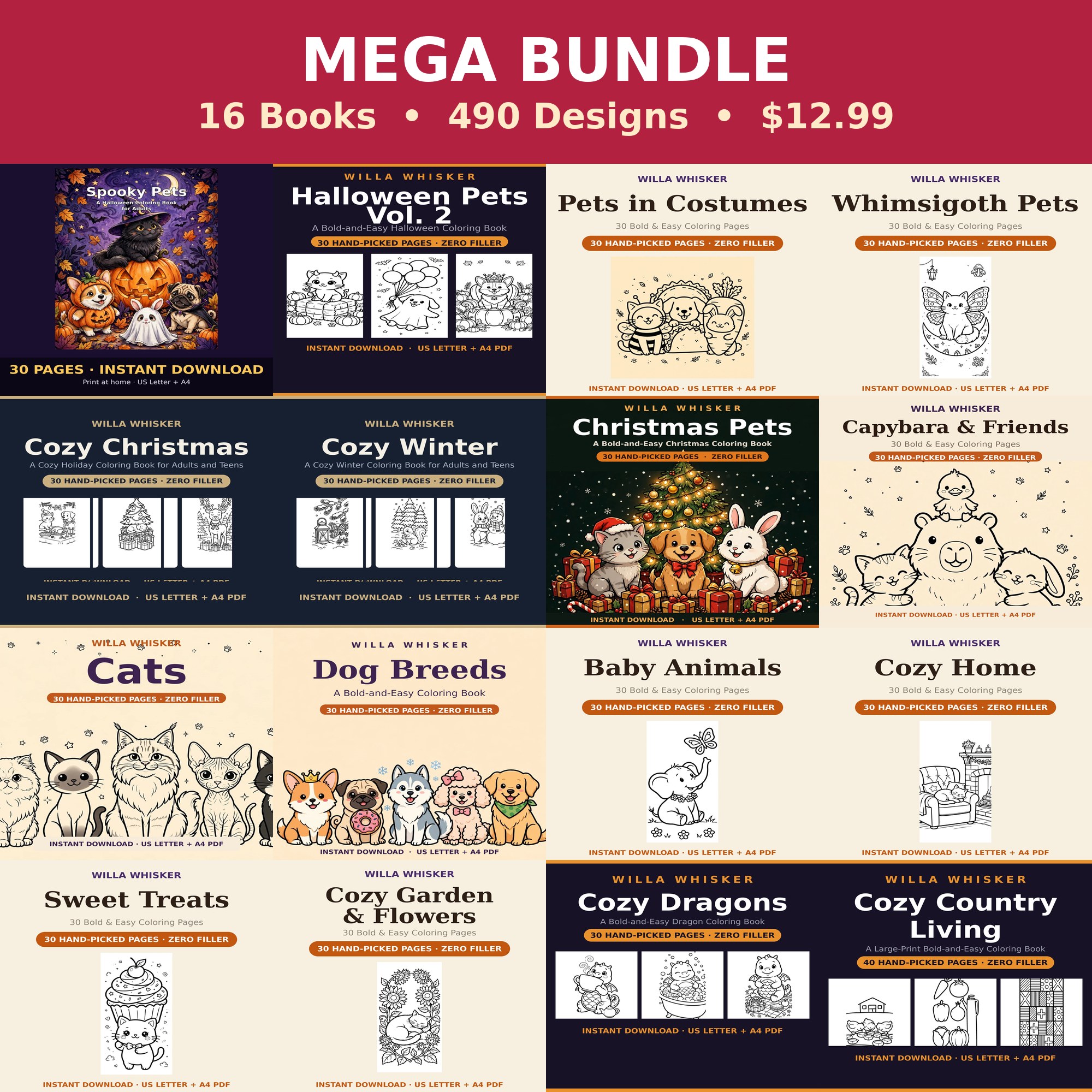 Mega Bundle cover — all 16 Willa Whisker coloring books, 490 cute animal designs