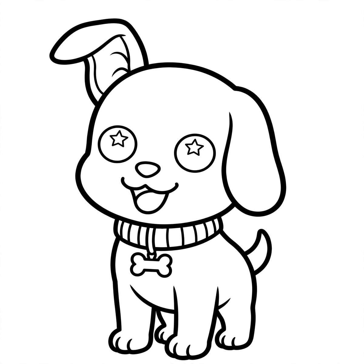 Coloring page line art of Biscuit the golden retriever puppy with one flopped ear and a striped collar with a bone tag