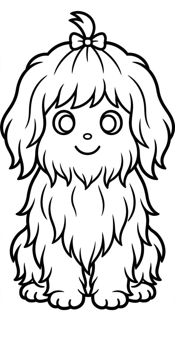 Coloring page line art of Bramble the Old English Sheepdog with a bow tied in her fringe and cloud-soft fur