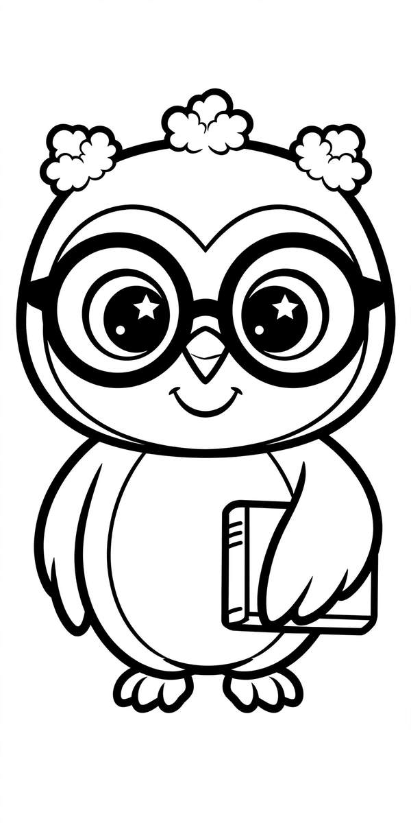 Coloring page line art of Hazel the little owl with round glasses and three feather tufts, holding a book