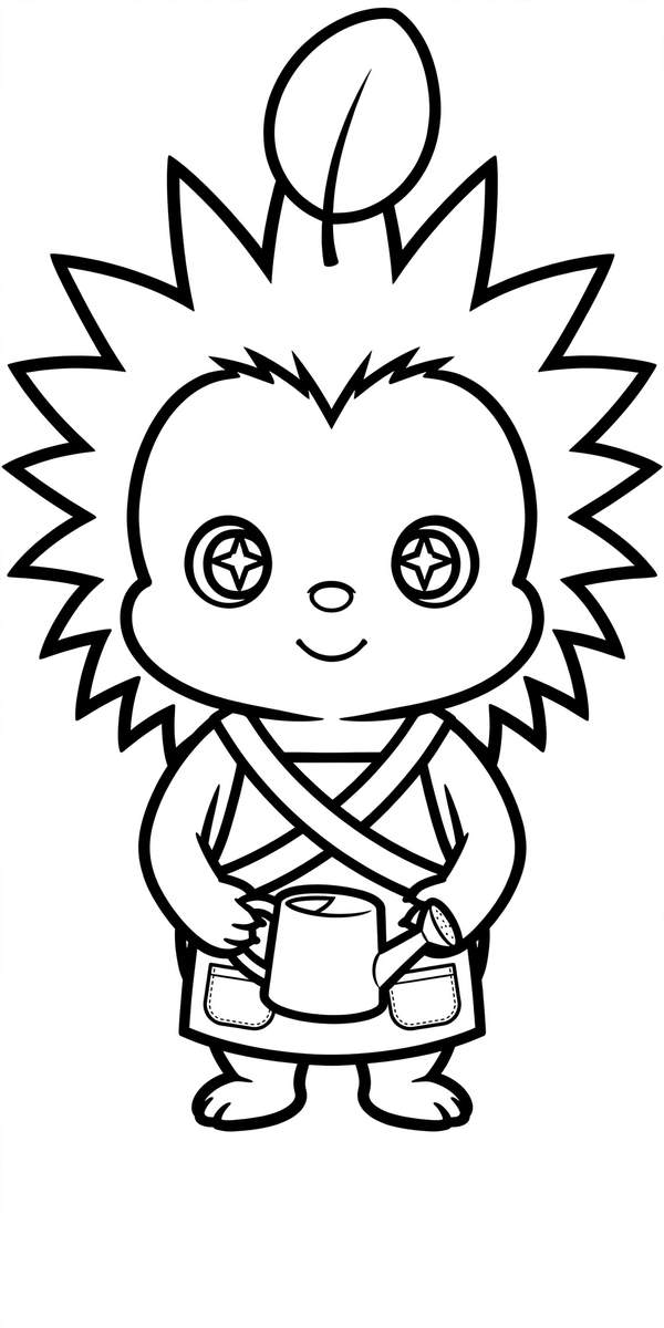 Coloring page line art of Pip the tiny hedgehog gardener with a maple leaf on his head and a cross-strap apron