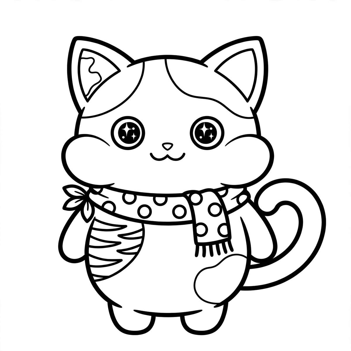 Coloring page line art of Willa the calico cat, wearing a polka-dot scarf and a little bow, with star-sparkle eyes