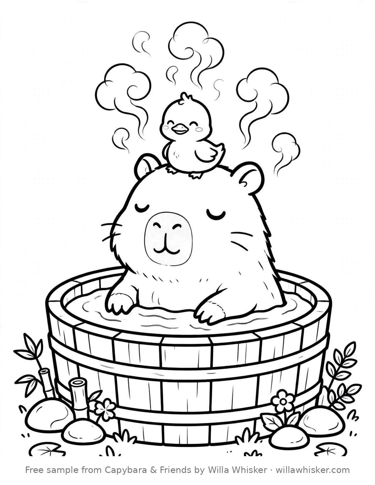 Coloring page line art of a relaxed capybara soaking in a hot spring bath with a duck on its head