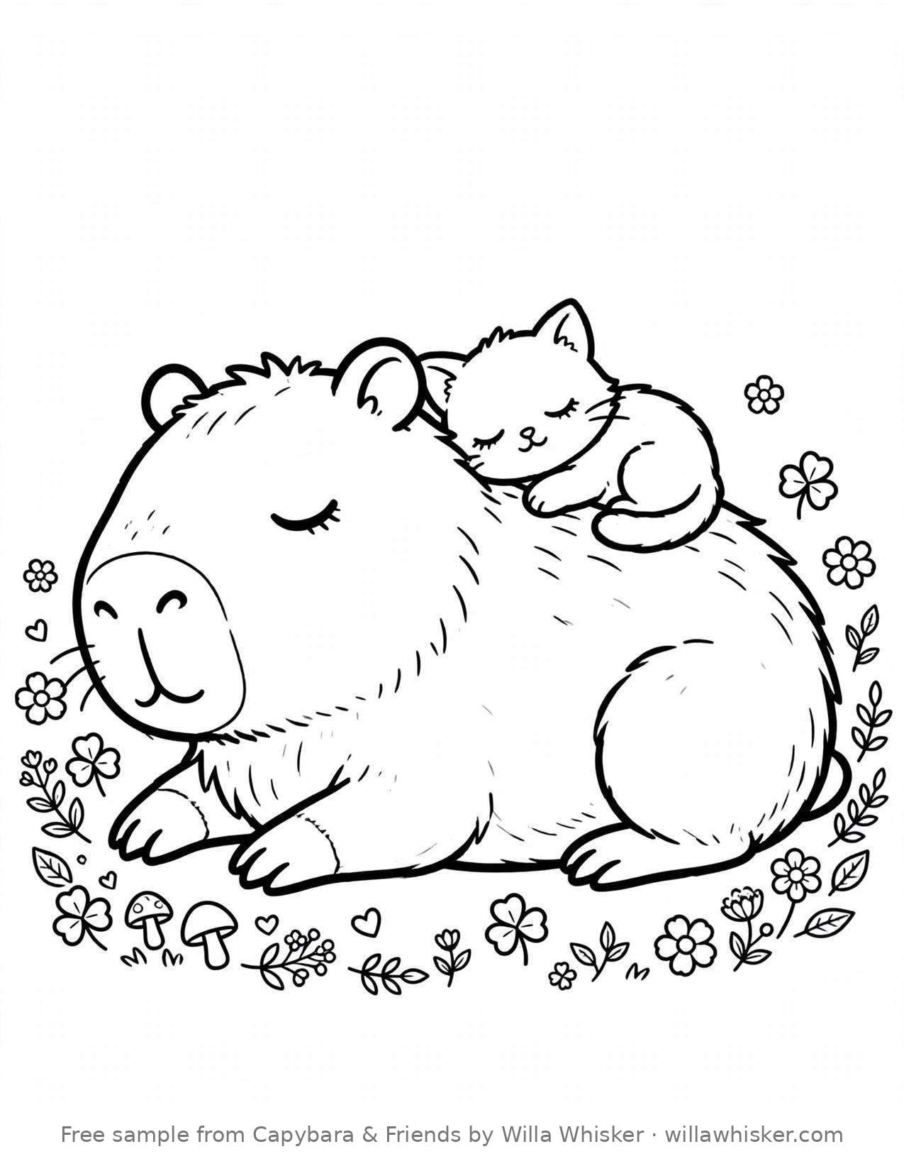 Coloring page line art of a sleepy capybara napping with a tiny kitten curled on its back