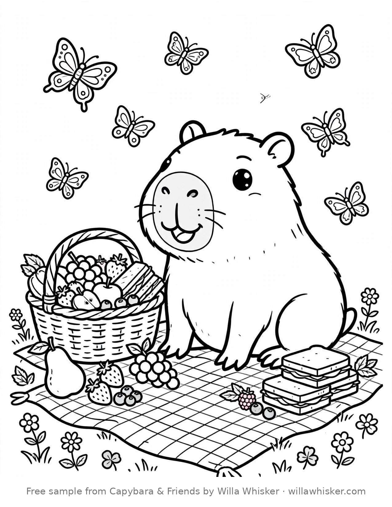 Coloring page line art of a cheerful capybara having a picnic on a checkered blanket with fruits