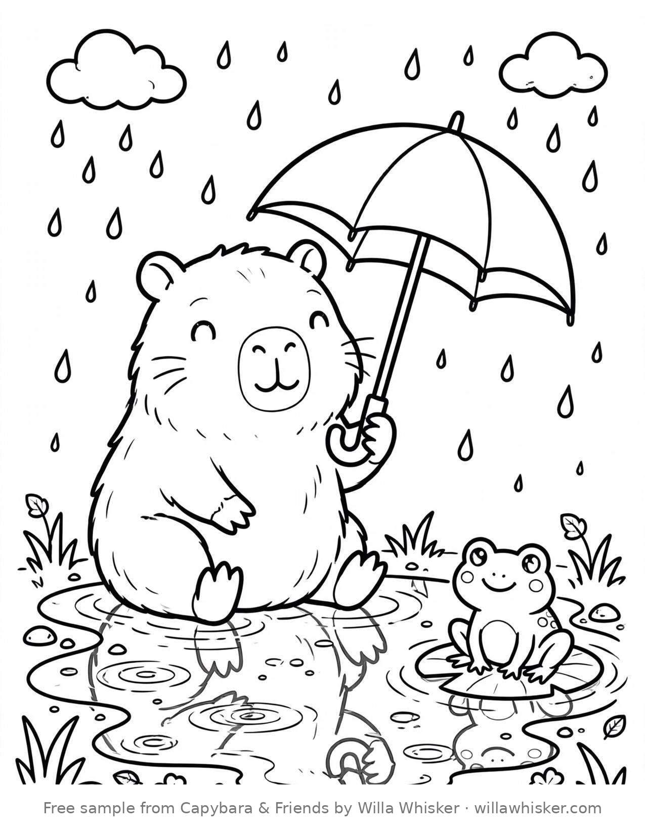 Coloring page line art of a content capybara holding an umbrella in gentle rain with a frog nearby