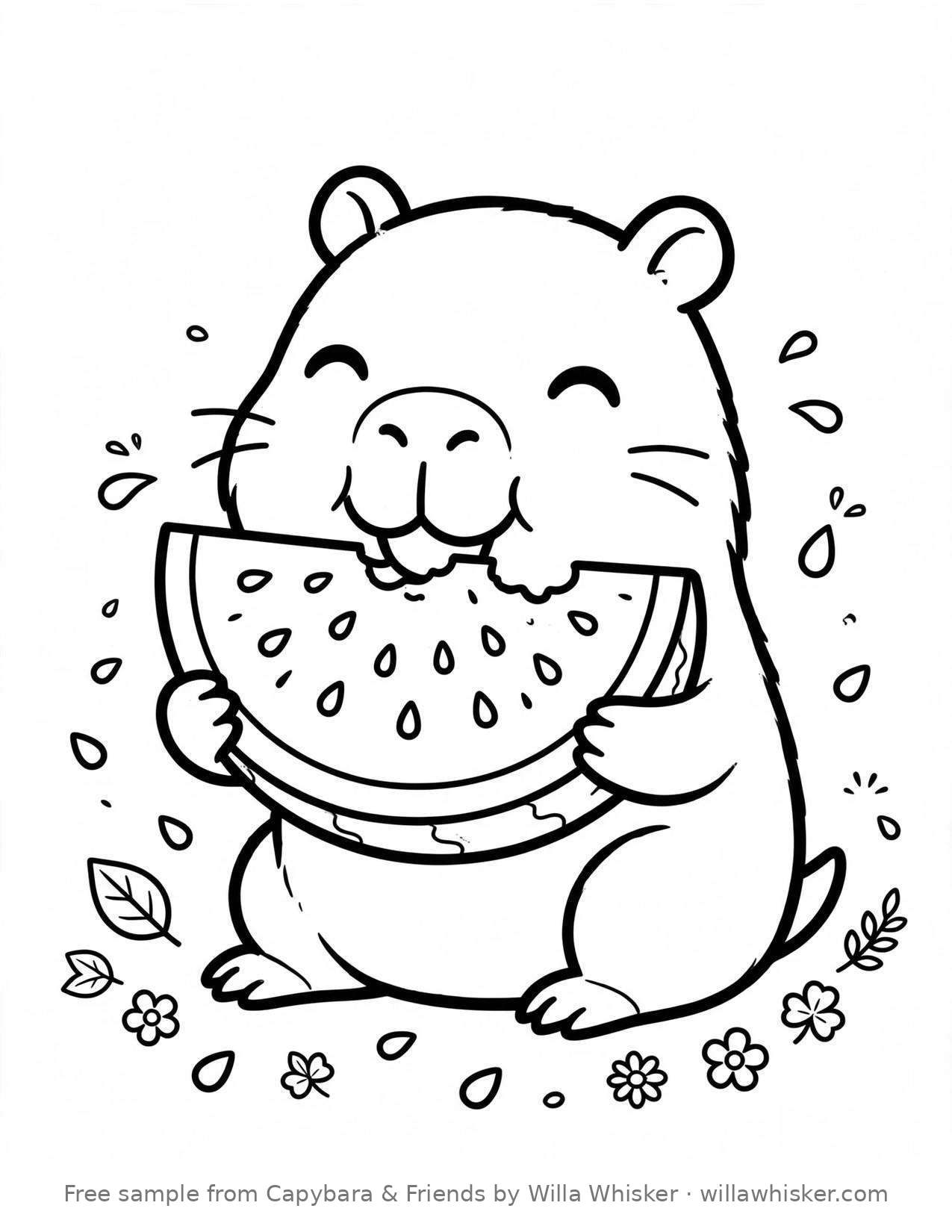Coloring page line art of a happy capybara munching on a big watermelon slice