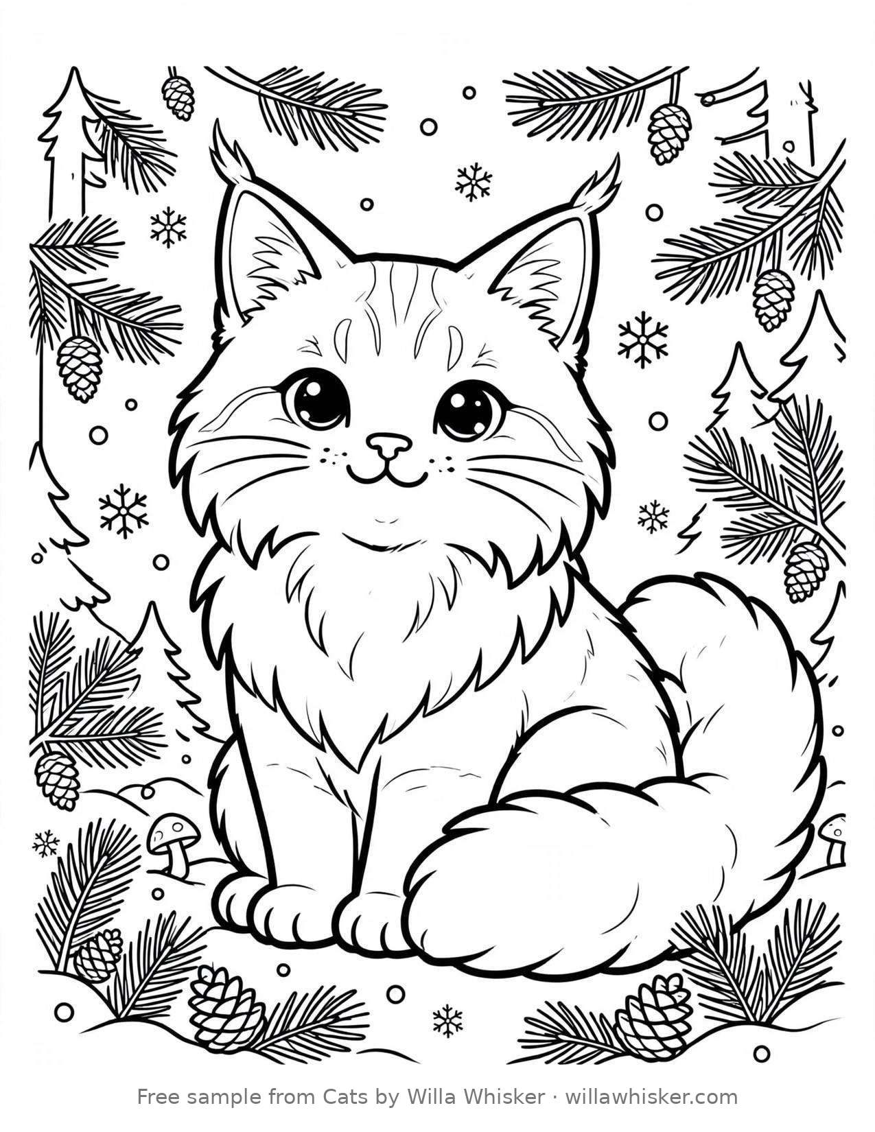 Coloring page line art of a majestic Maine Coon cat with tufted ears sitting in a pine forest