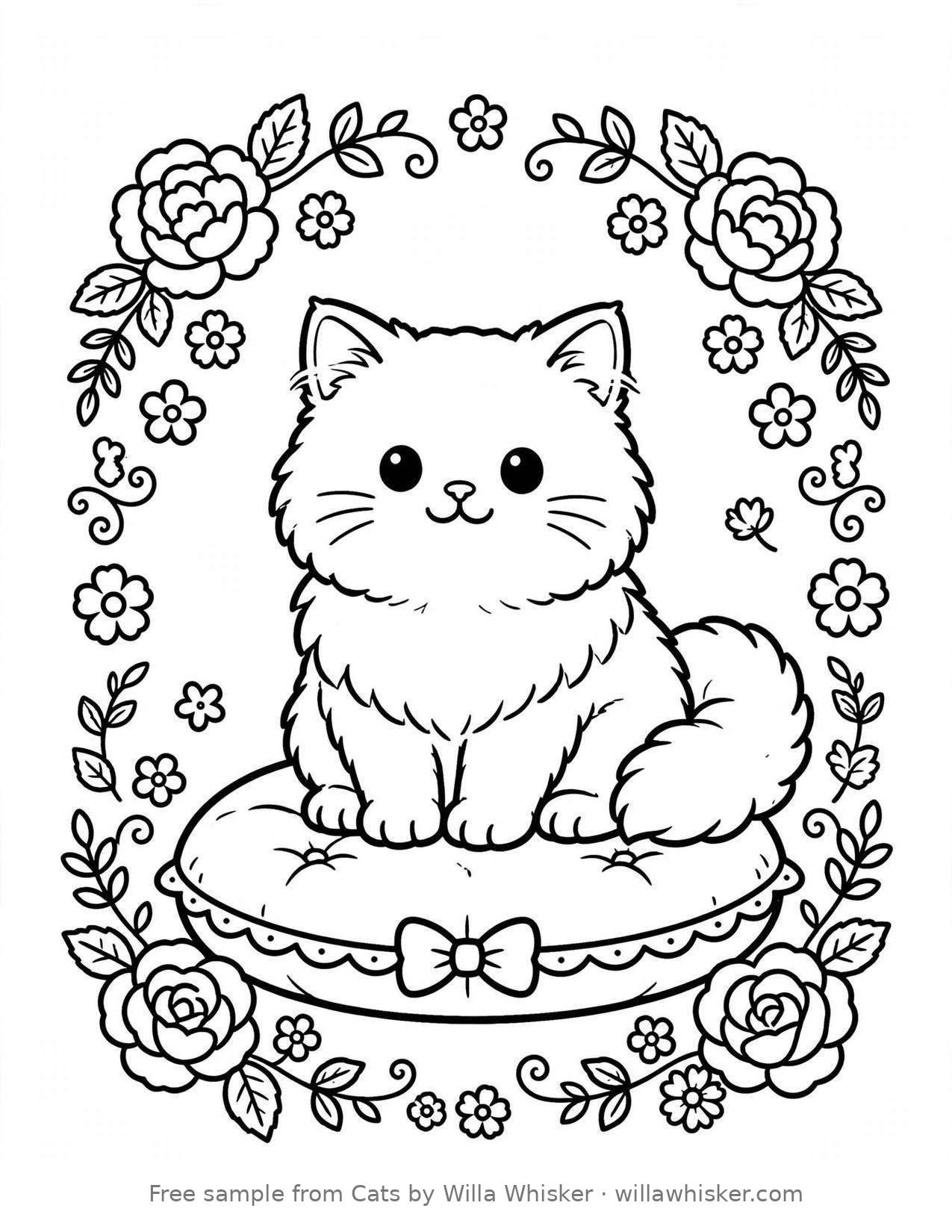 Coloring page line art of a fluffy Persian cat with a flat face sitting on a cushion surrounded by flowers