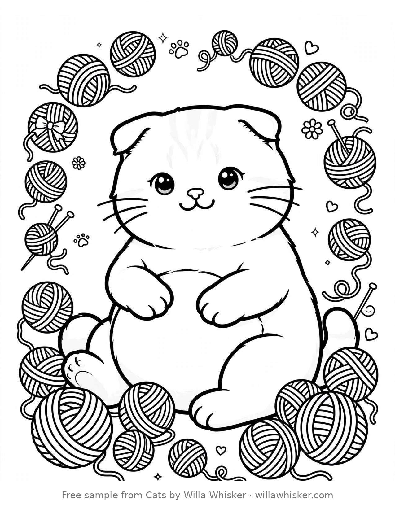 Coloring page line art of a cute Scottish Fold cat with folded ears sitting among yarn balls