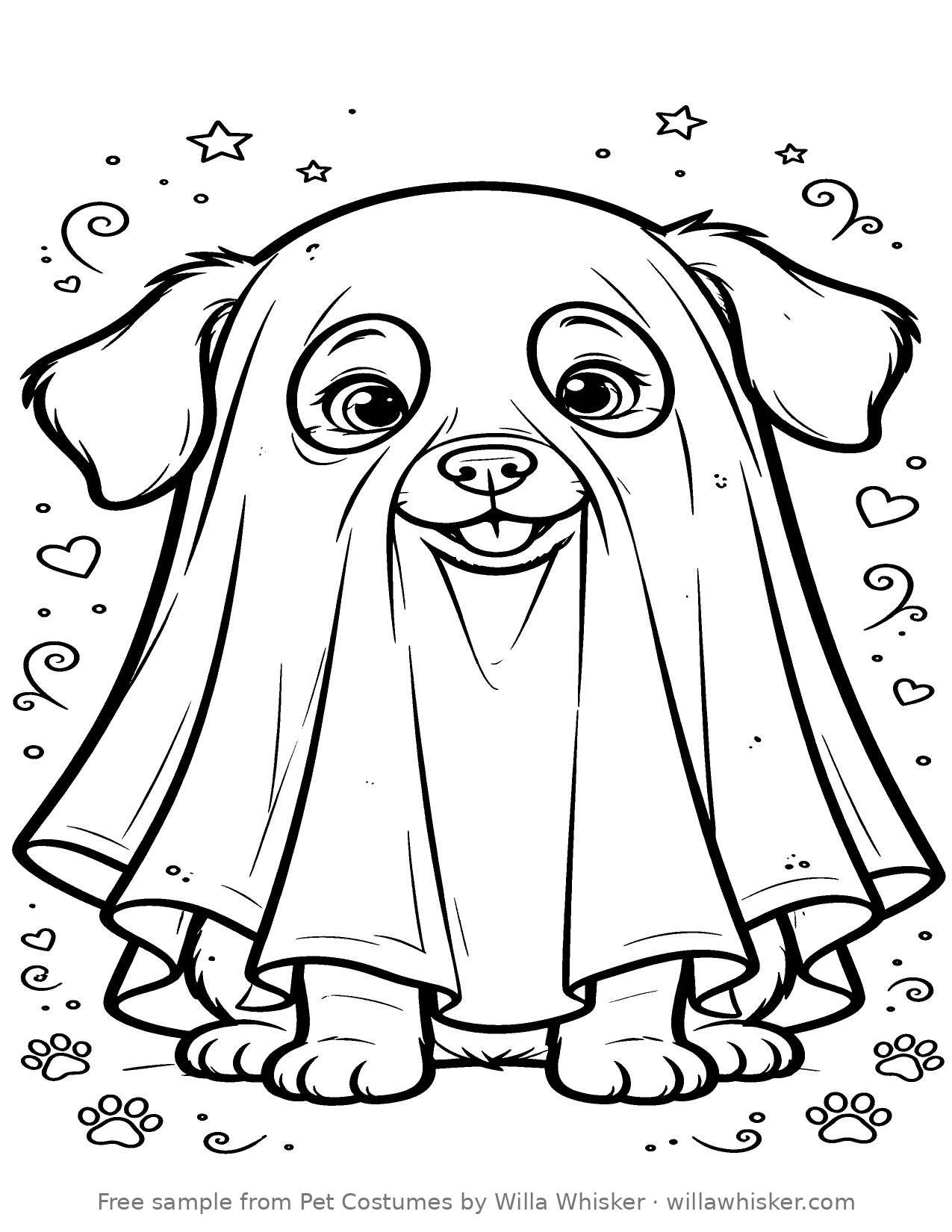 Coloring page line art of a dog wearing a sheet ghost costume with a happy face