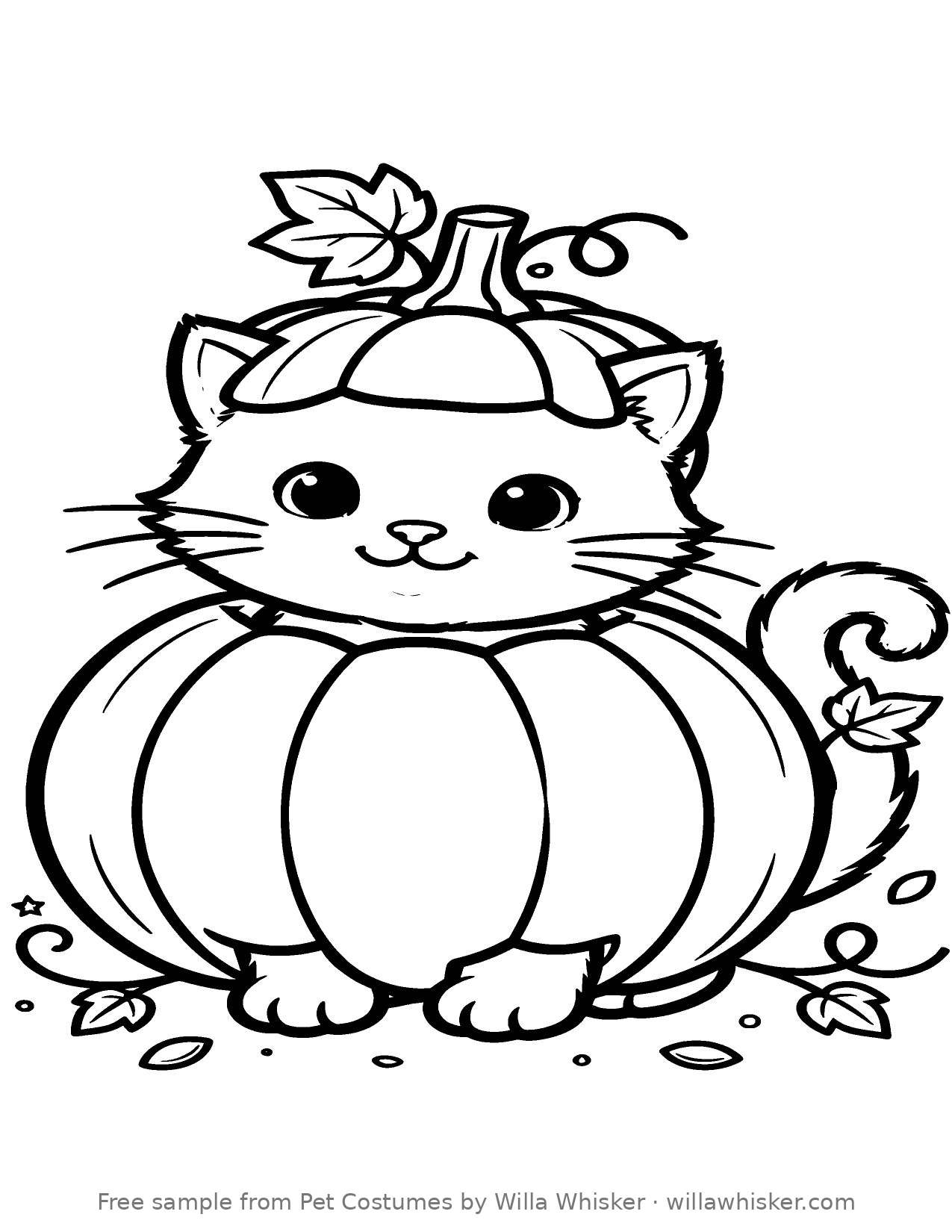 Coloring page line art of a cat dressed in a round pumpkin costume