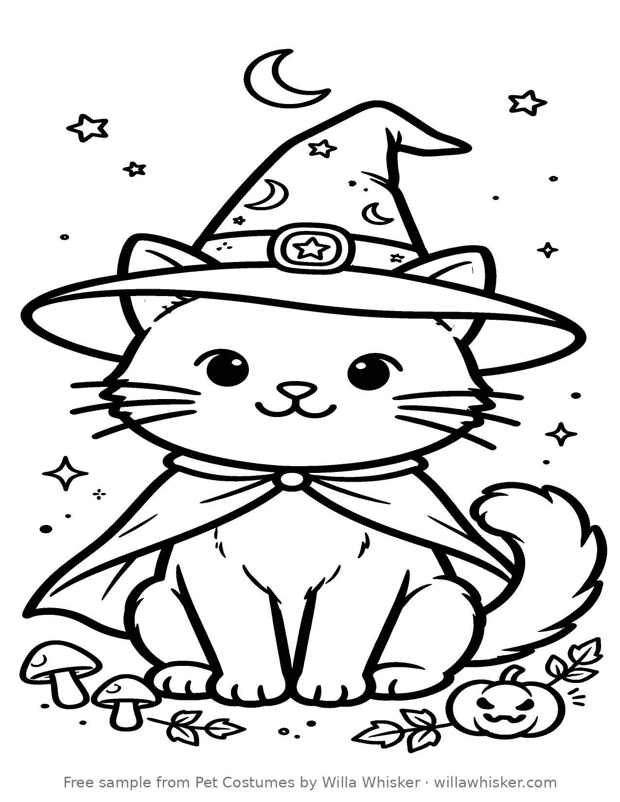 Coloring page line art of a cat wearing a witch hat with stars, sitting among small pumpkins