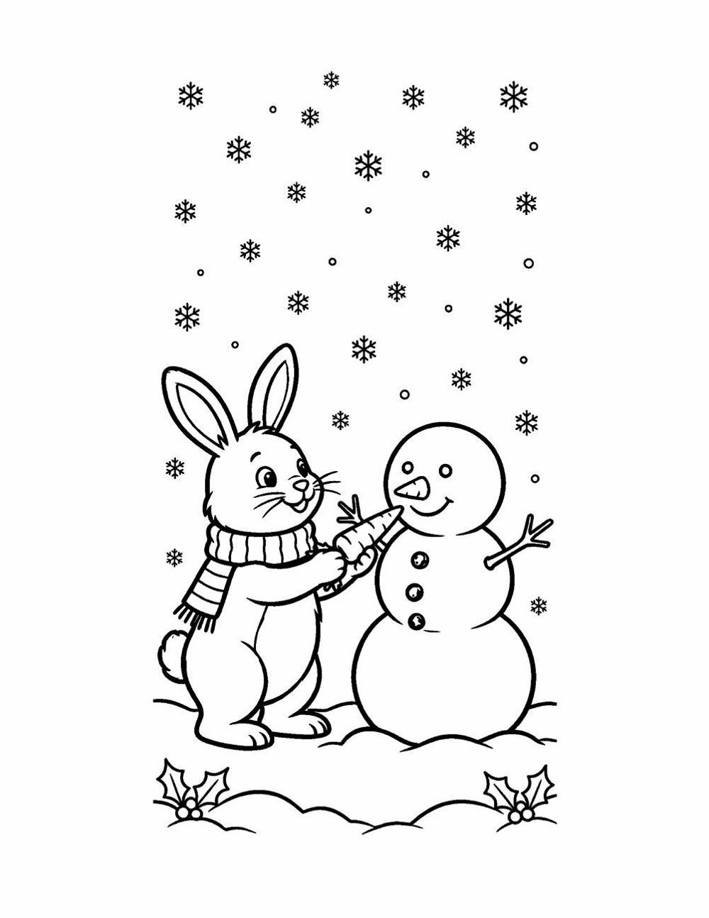 Coloring page line art of a bunny wearing a scarf, giving a snowman a carrot nose as snowflakes fall
