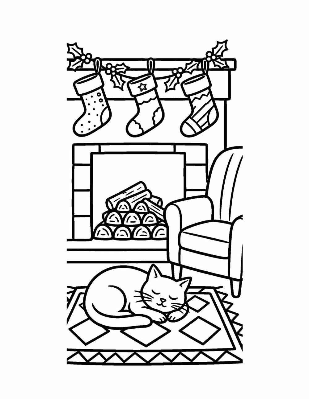 Coloring page line art of a cat curled up asleep on a patterned rug in front of a fireplace with stockings hung above the mantel