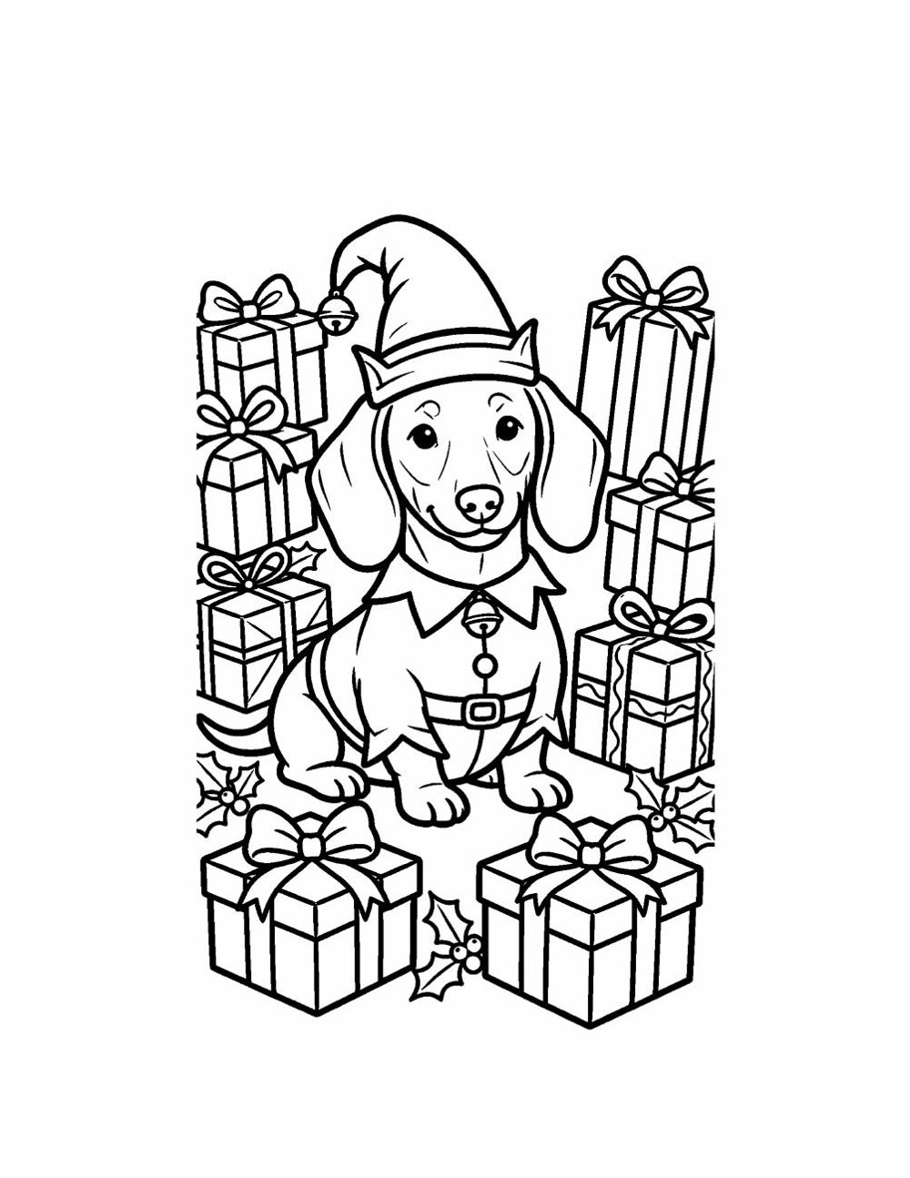 Coloring page line art of a dachshund wearing an elf hat and collar, sitting among wrapped Christmas presents with ribbons and bows