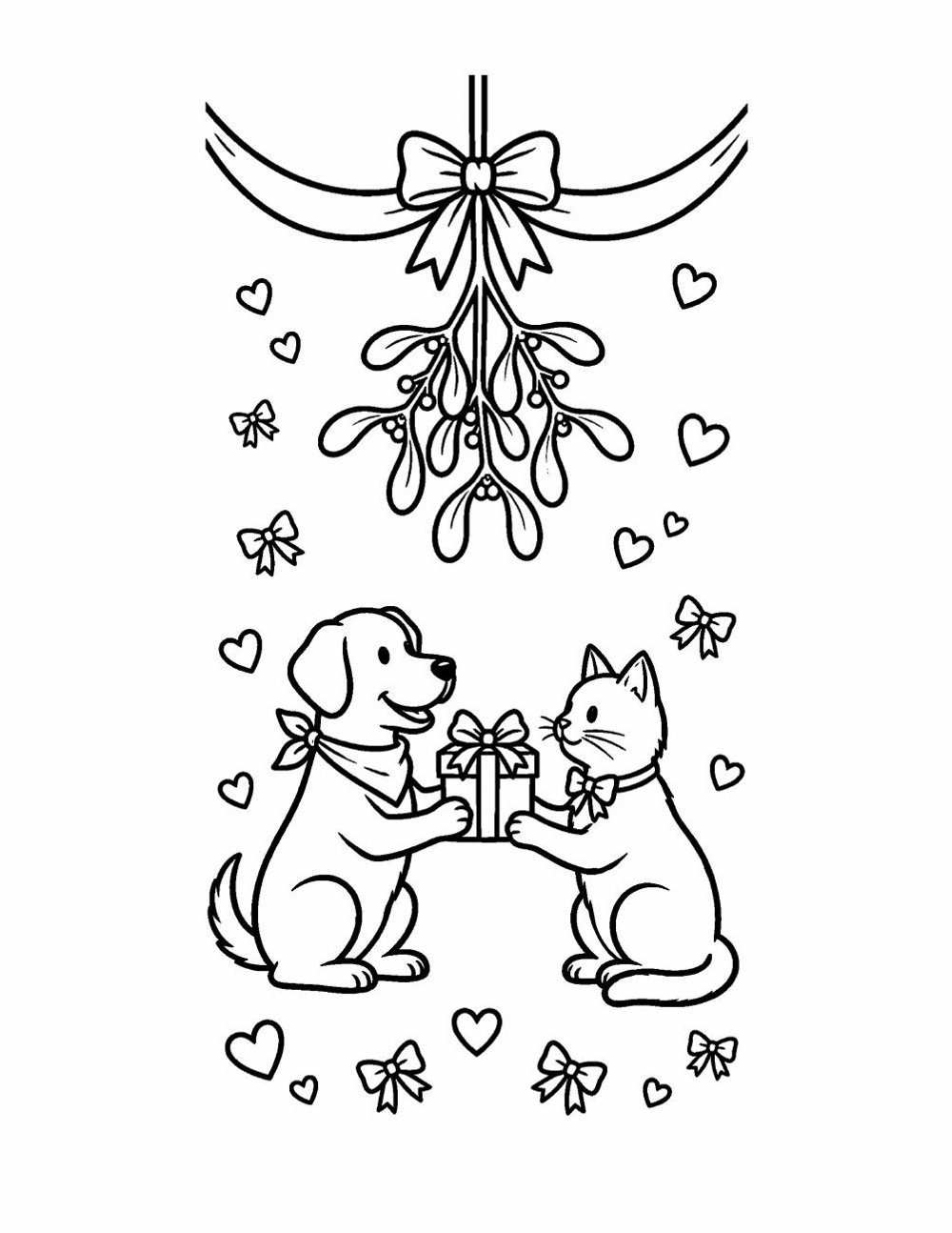 Coloring page line art of a puppy and a kitten exchanging a small wrapped gift beneath hanging mistletoe, surrounded by little hearts and bows