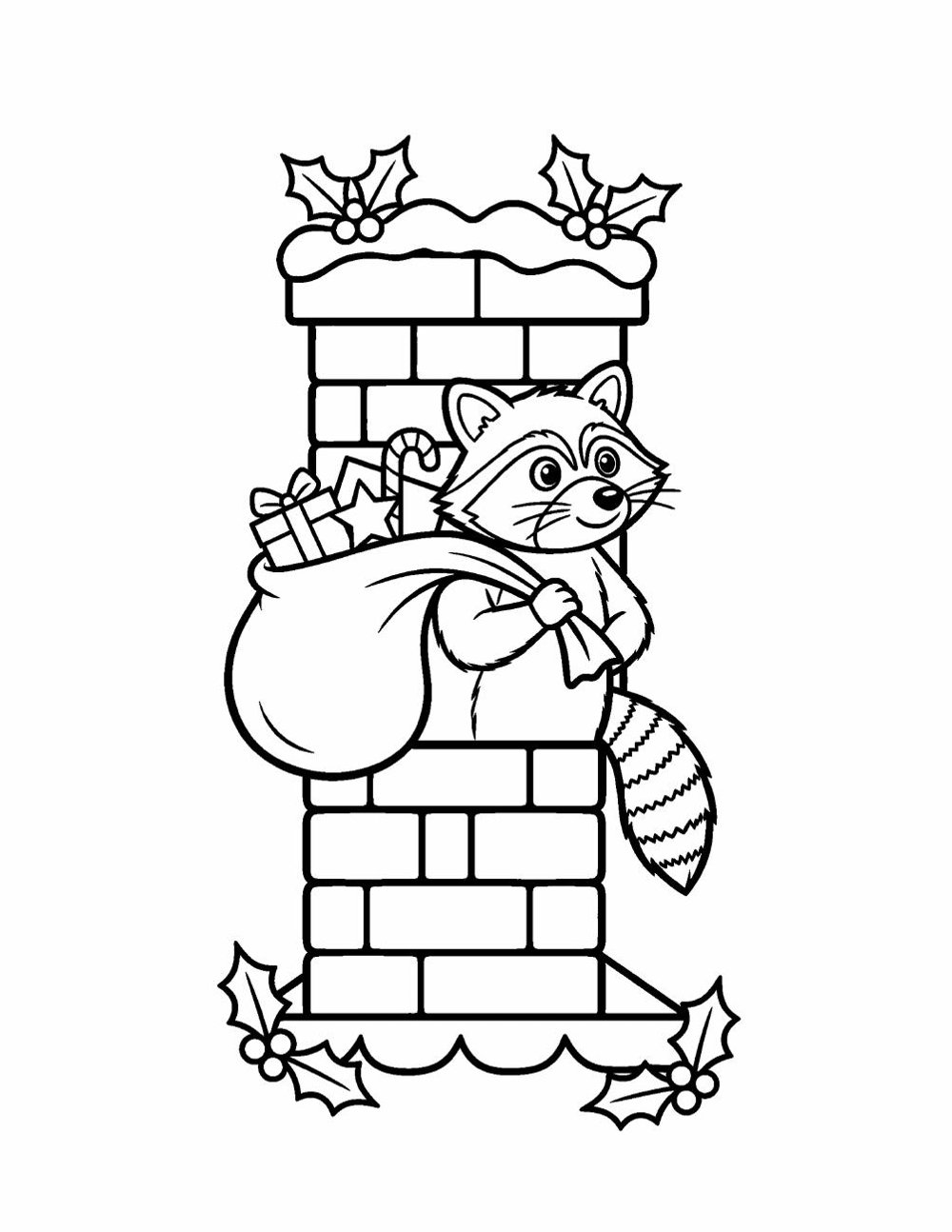 Coloring page line art of a raccoon carrying a sack of wrapped gifts beside a brick chimney decorated with holly