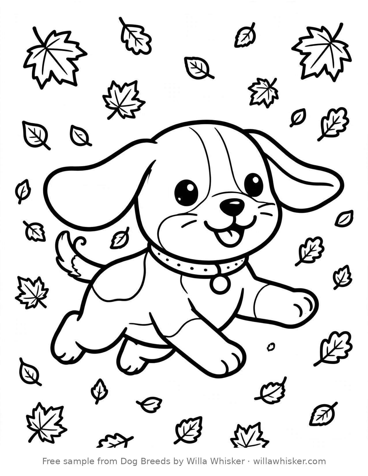 Coloring page line art of a cheerful Beagle puppy running through autumn leaves with ears flopping
