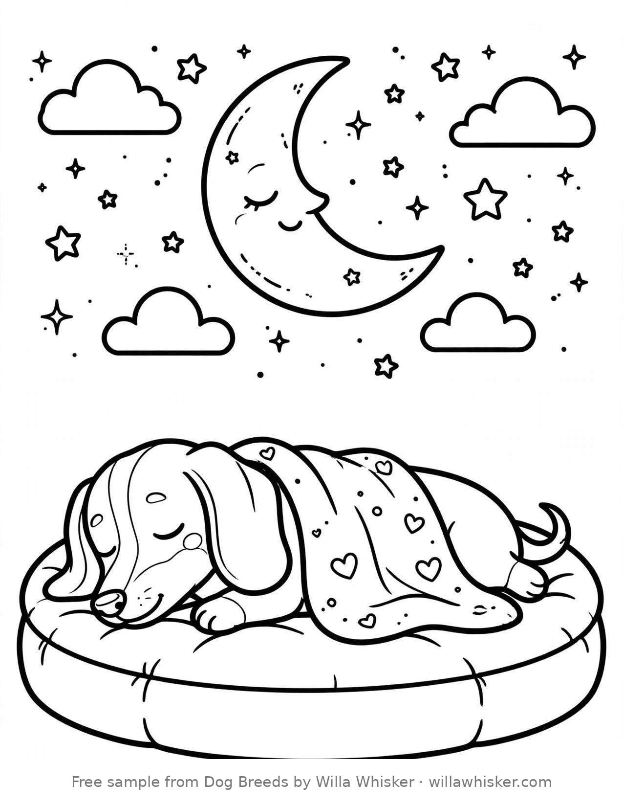 Coloring page line art of a long Dachshund dog stretched out sleeping on a cozy dog bed with a blanket