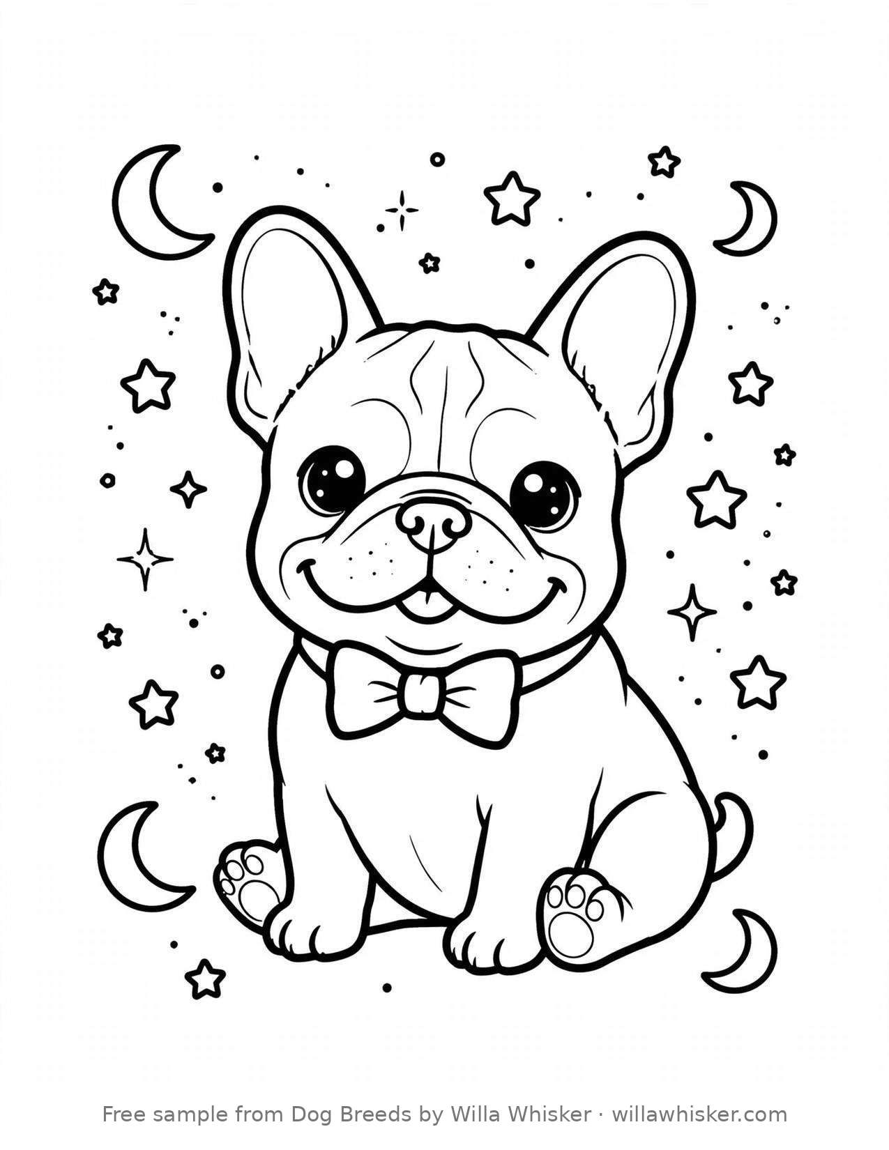 Coloring page line art of a cute French Bulldog wearing a bow tie, sitting among stars and moons