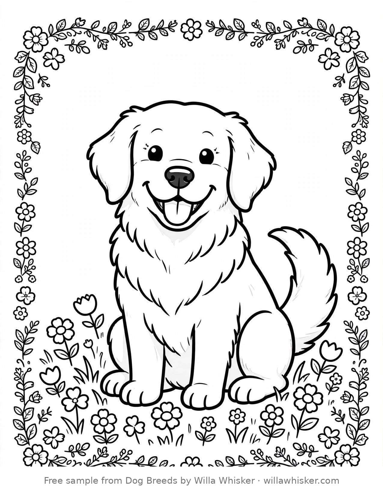 Coloring page line art of a happy Golden Retriever sitting in a field of flowers with tongue out