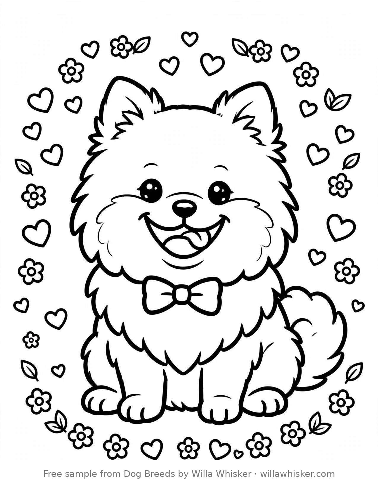 Coloring page line art of a fluffy Pomeranian dog with a big smile, surrounded by hearts and flowers