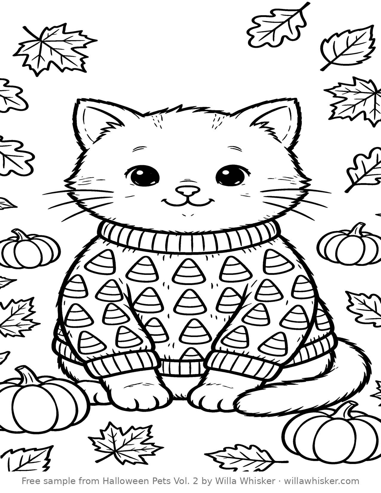 Coloring page line art of a cat wearing a Halloween-patterned sweater sitting among pumpkins and autumn leaves