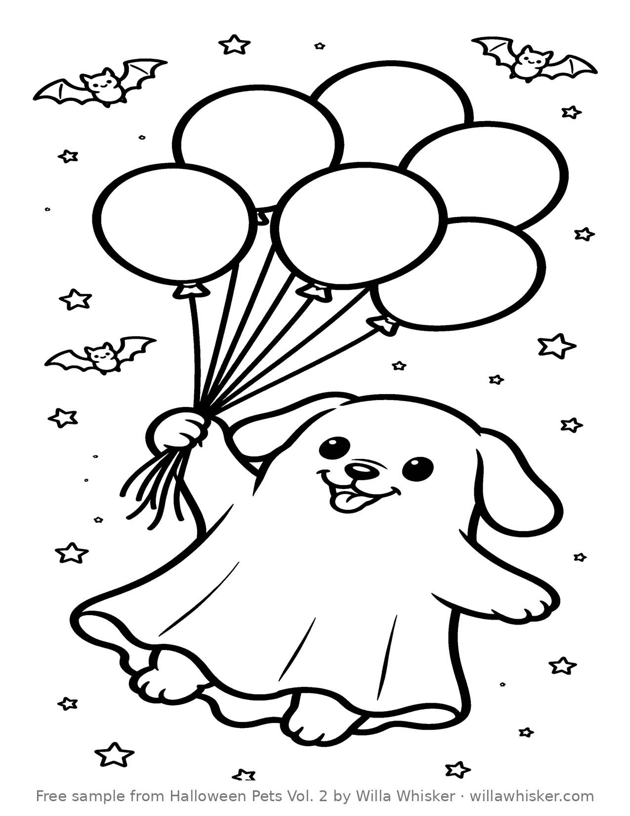 Coloring page line art of a puppy wearing a ghost sheet costume holding a bunch of balloons