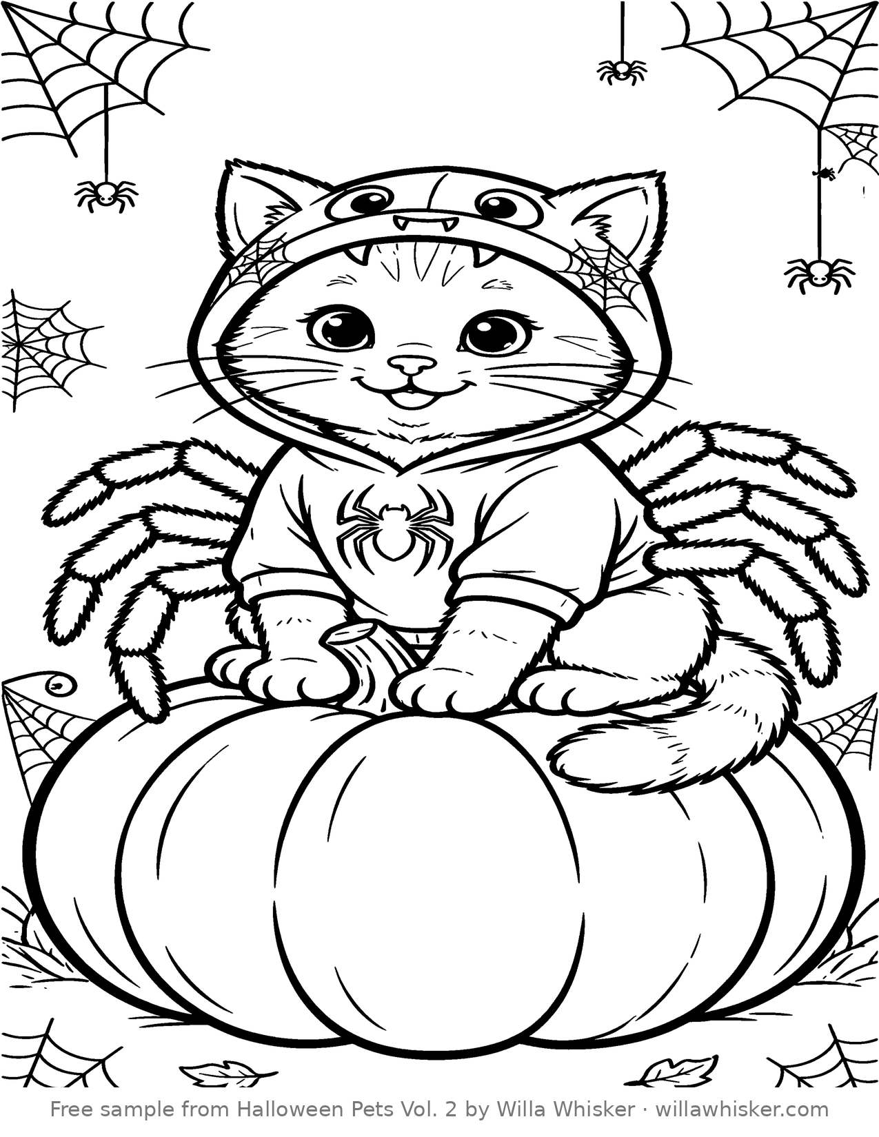 Coloring page line art of a cat dressed in a spider costume sitting on a big pumpkin with spiderwebs