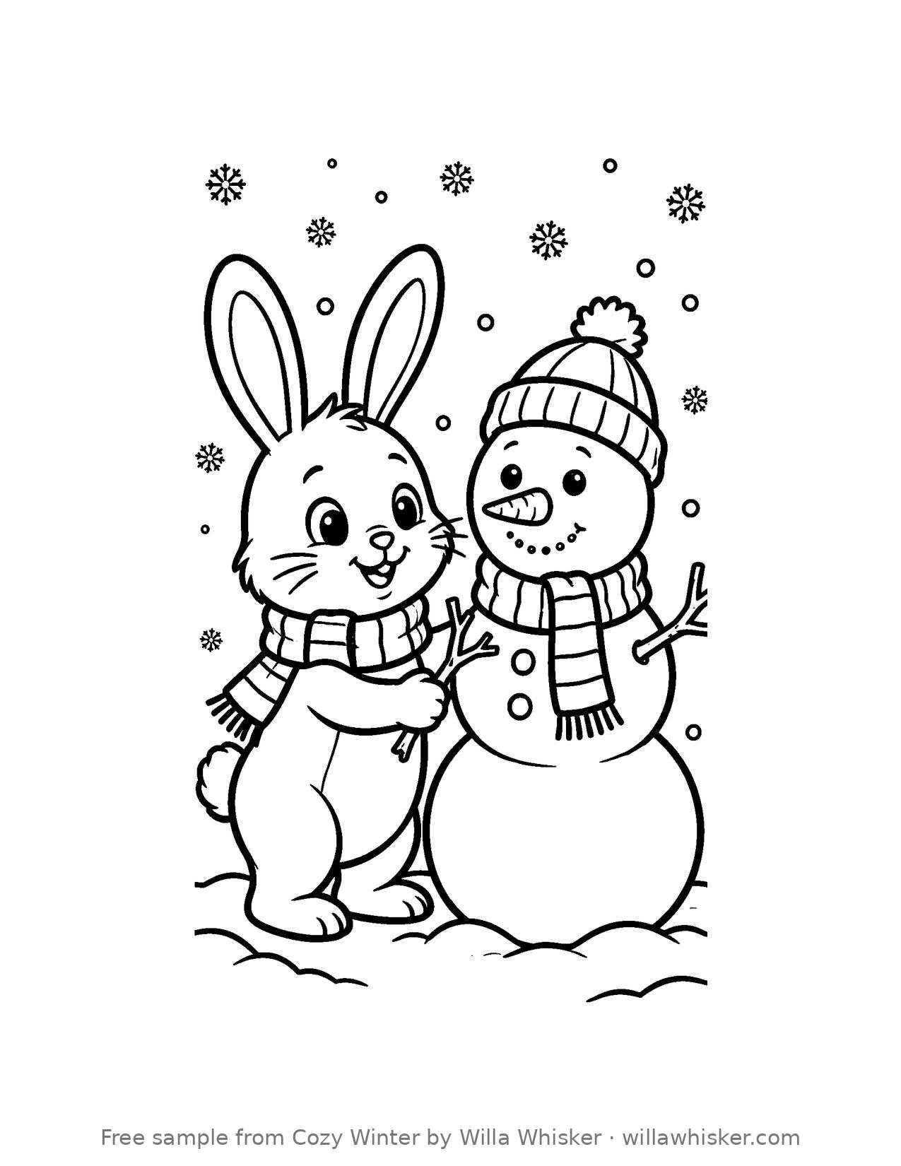 Coloring page line art of a bunny and a snowman standing together in falling snow
