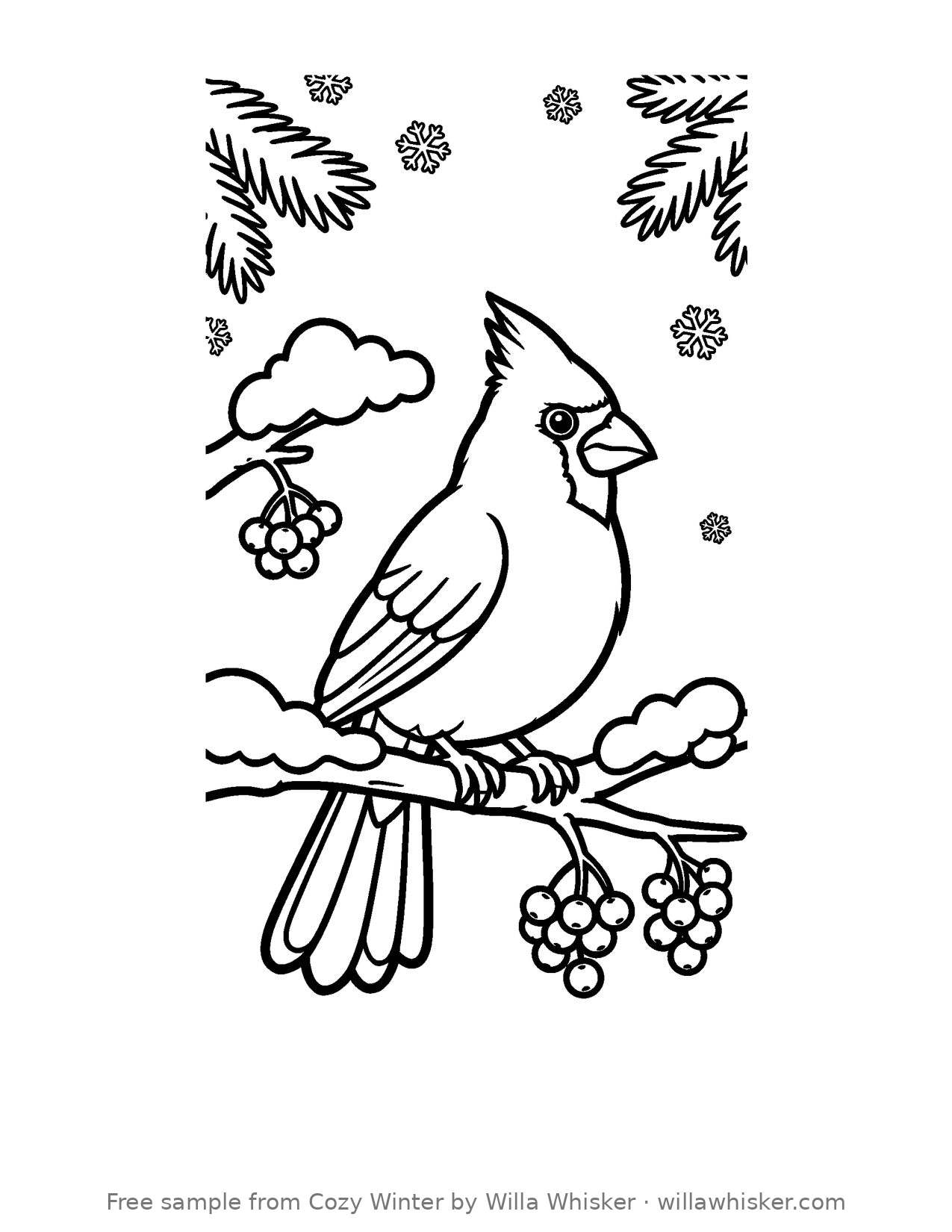 Coloring page line art of a red cardinal perched on a snow-covered pine branch with pinecones