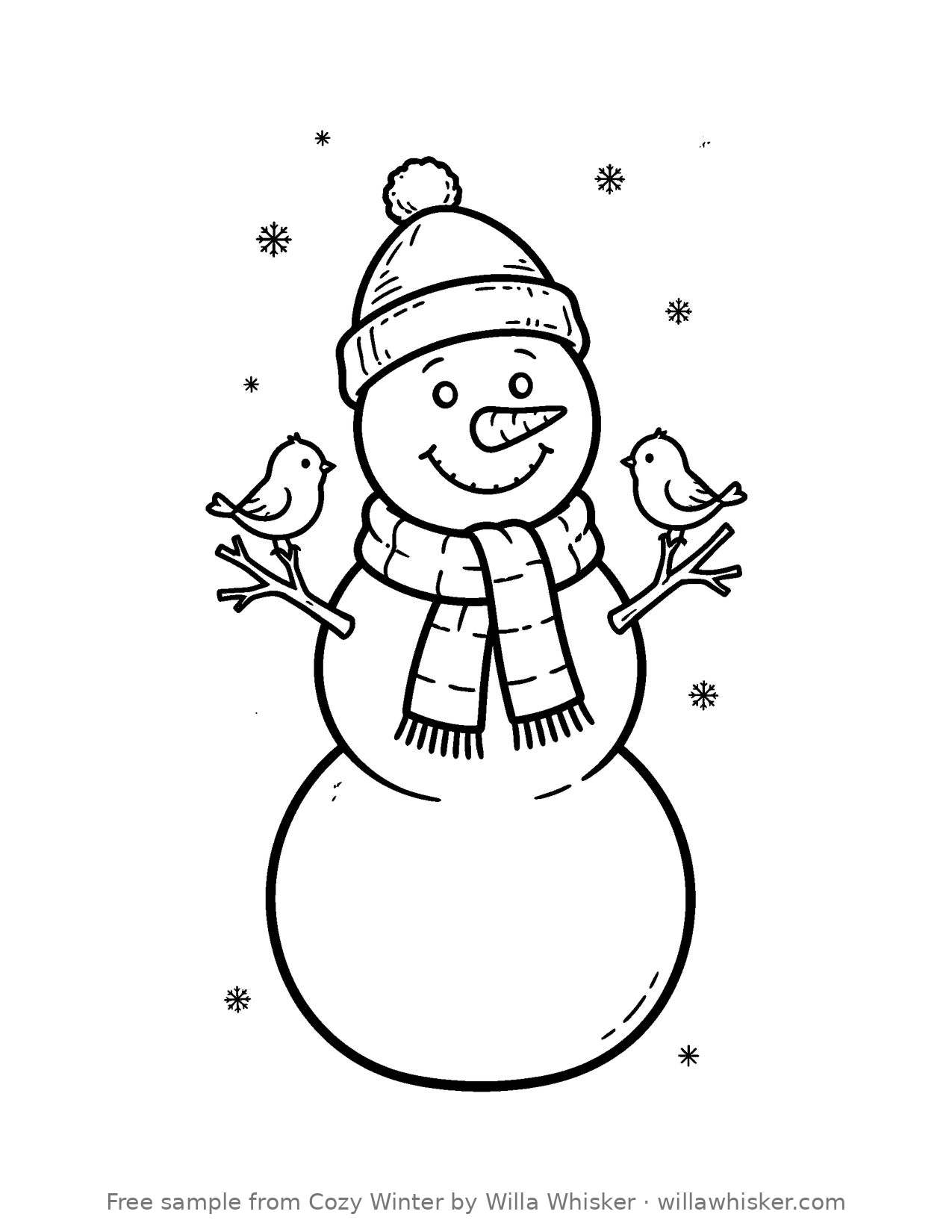 Coloring page line art of a smiling snowman wearing a hat and scarf with birds perched on it