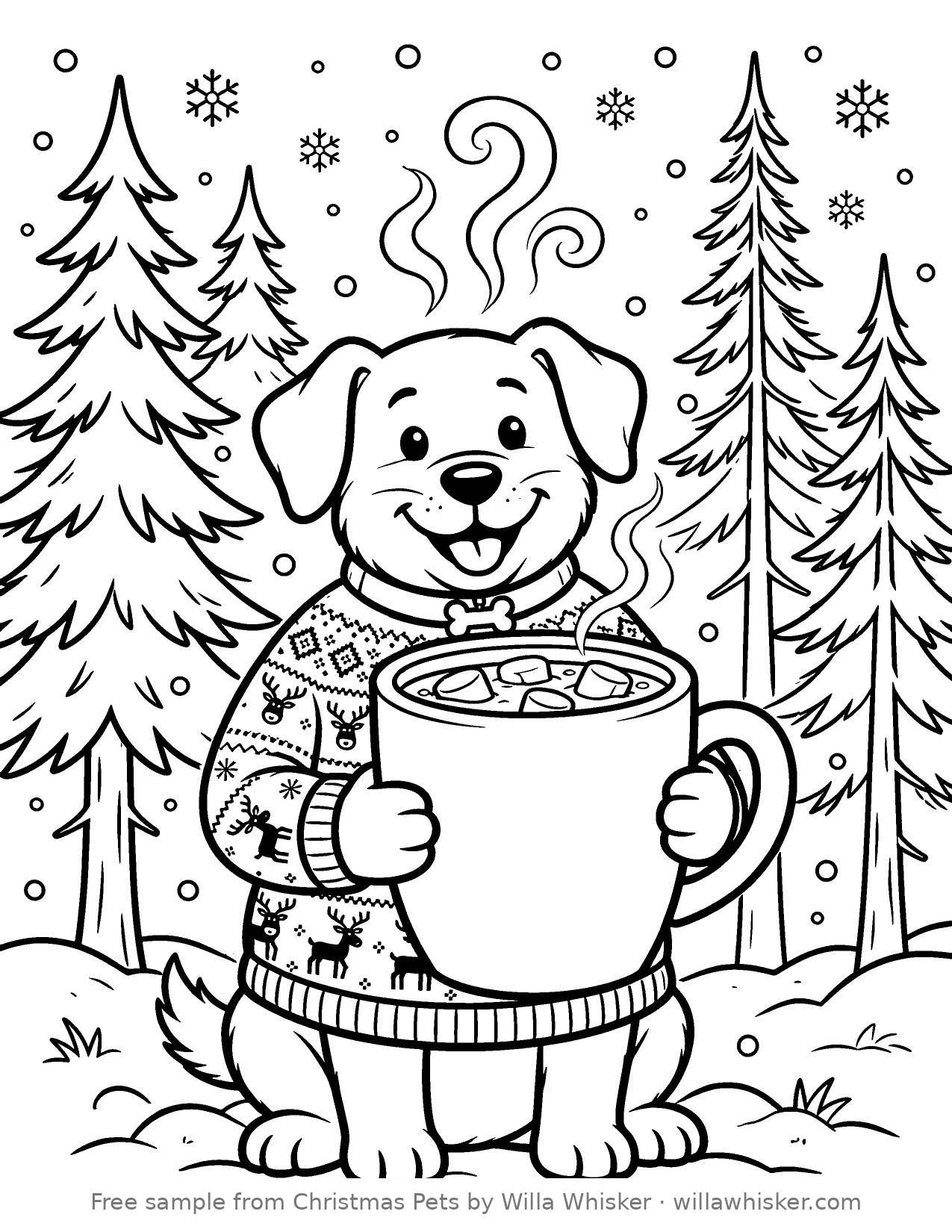 Coloring page line art of a dog in a winter sweater holding a steaming mug of hot cocoa with snowflakes around
