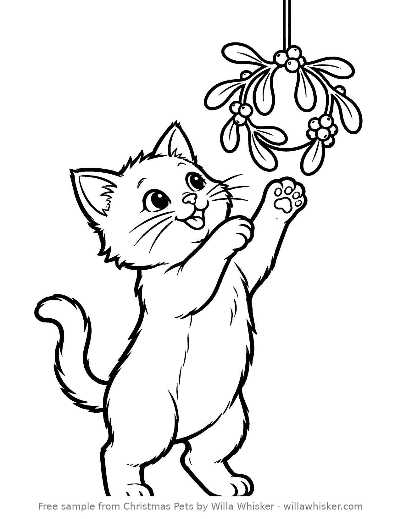 Coloring page line art of a kitten standing on hind legs reaching up toward hanging mistletoe
