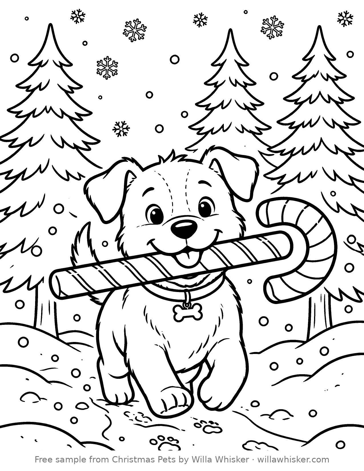 Coloring page line art of a puppy holding a big candy cane, standing in falling snow among pine trees