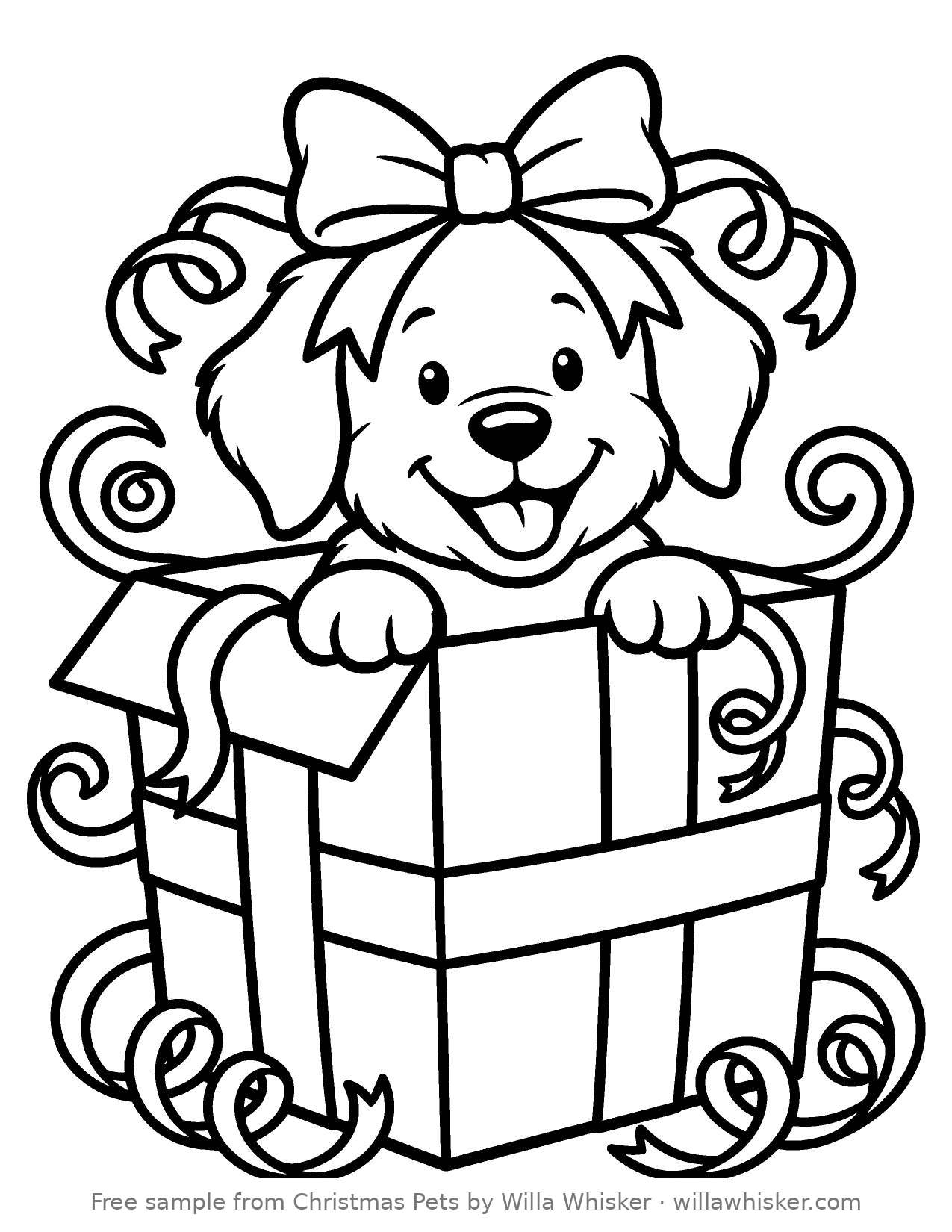 Coloring page line art of a puppy with a big bow popping out of a Christmas gift box