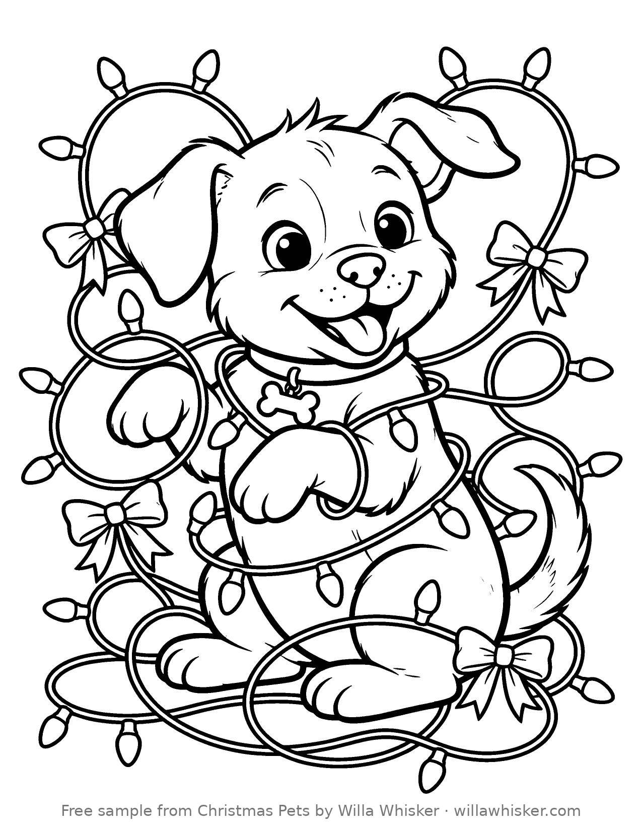 Coloring page line art of a happy puppy wrapped in tangled Christmas light strings with ornaments