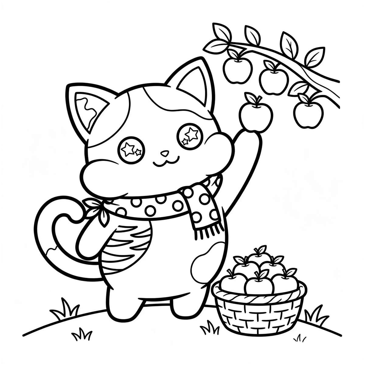 Coloring page line art of the animal friends apple picking together in an autumn orchard