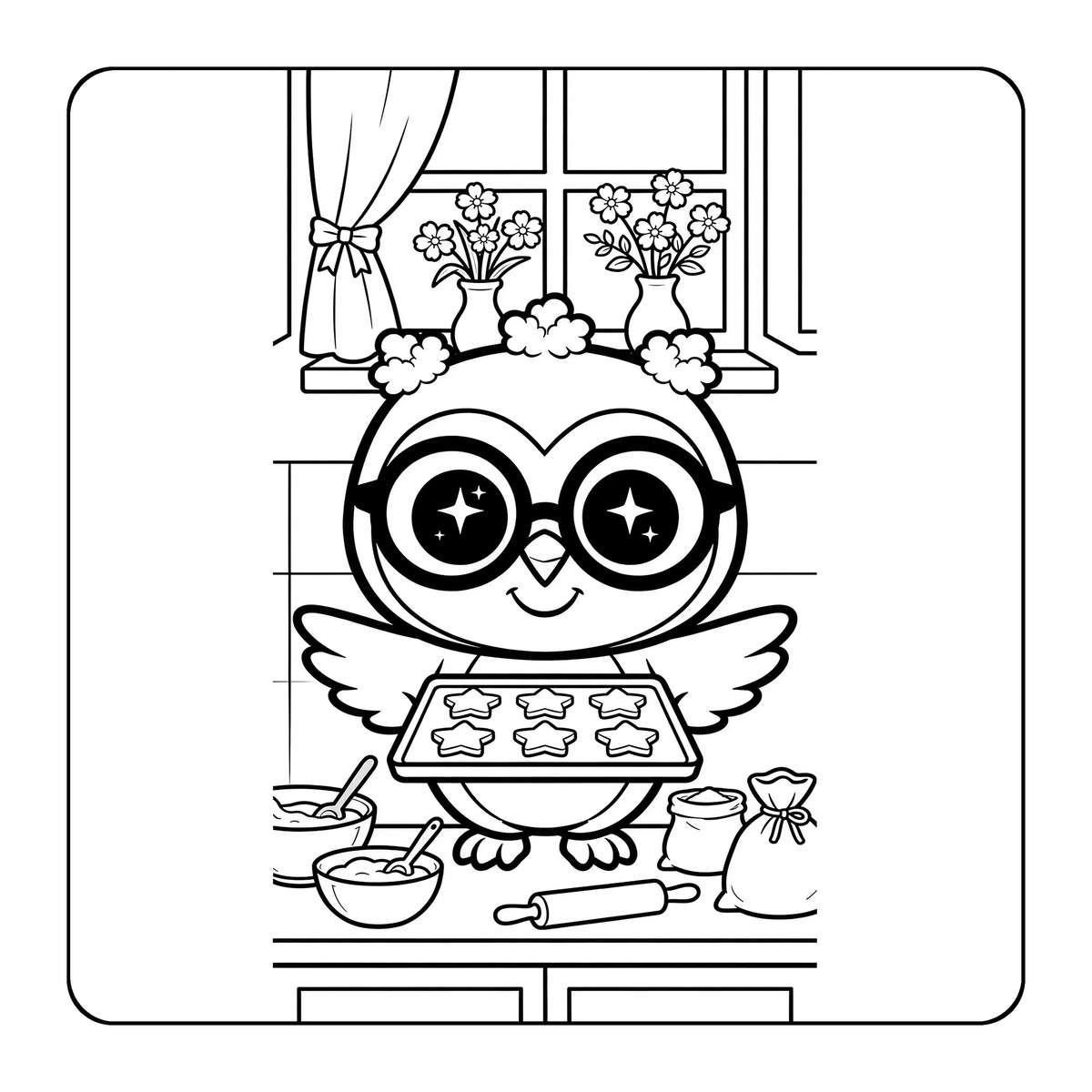 Coloring page line art of Hazel the owl baking spring treats in a cozy kitchen full of blossoms and morning light