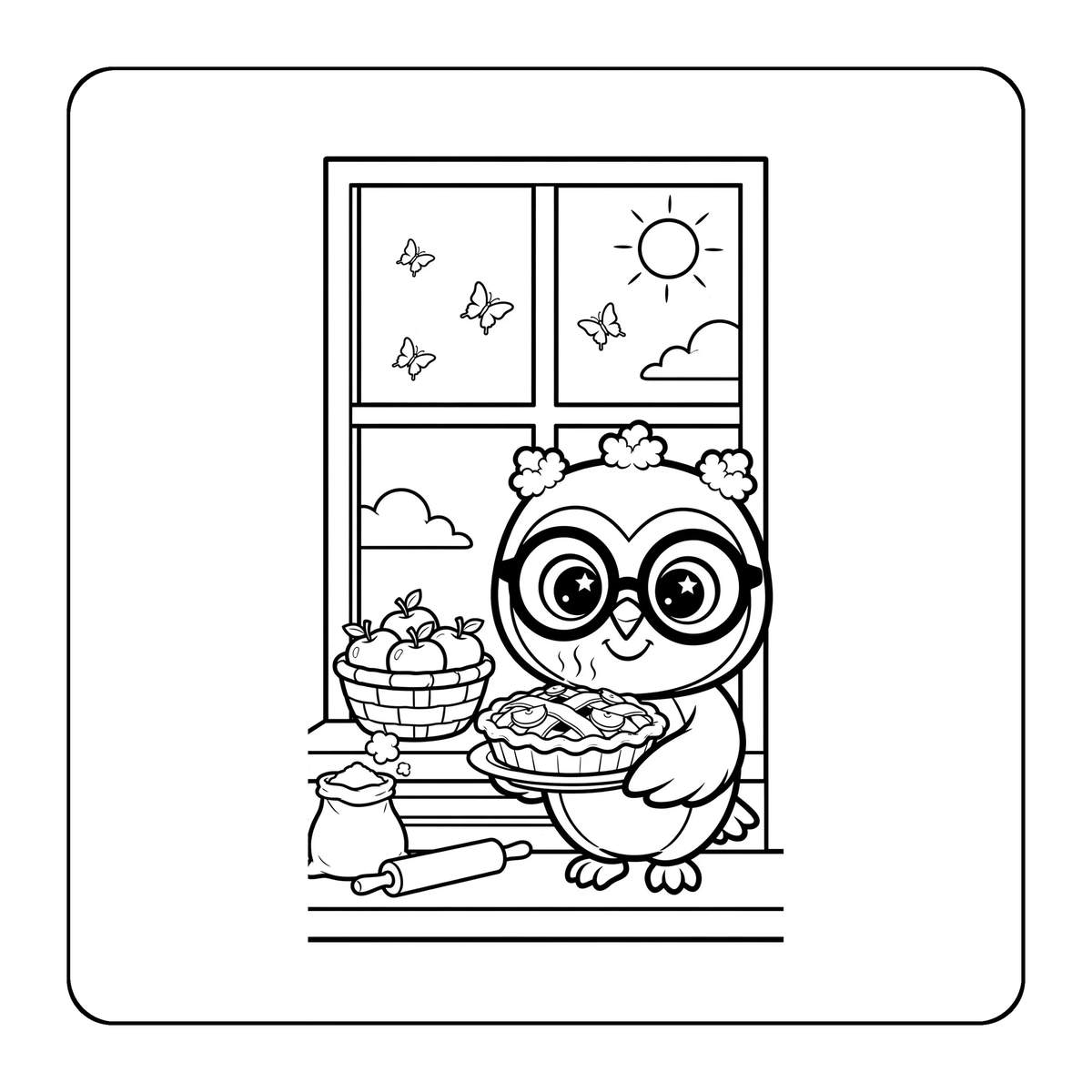 Coloring page line art of Hazel the owl baking a summer berry pie with her friends in a sunny cottage kitchen
