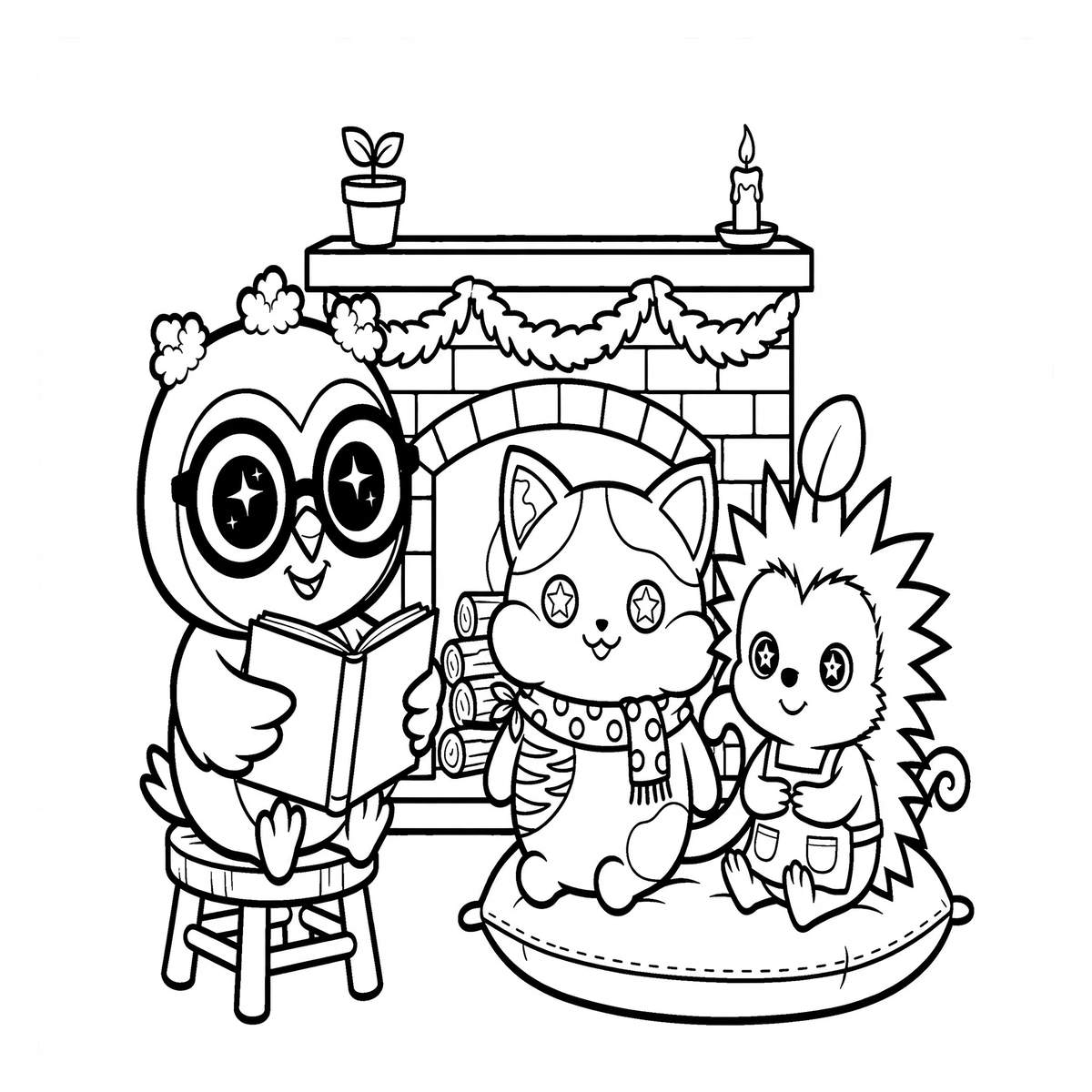 Coloring page line art of the five friends gathered for story time by a cozy winter fireplace