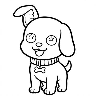 Coloring page line art of Biscuit the golden retriever puppy with one flopped ear and a striped collar with a bone tag