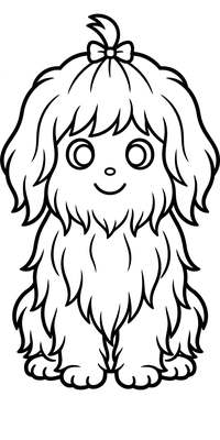Coloring page line art of Bramble the Old English Sheepdog with a bow tied in her fringe and cloud-soft fur