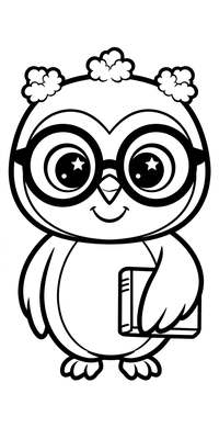 Coloring page line art of Hazel the little owl with round glasses and three feather tufts, holding a book