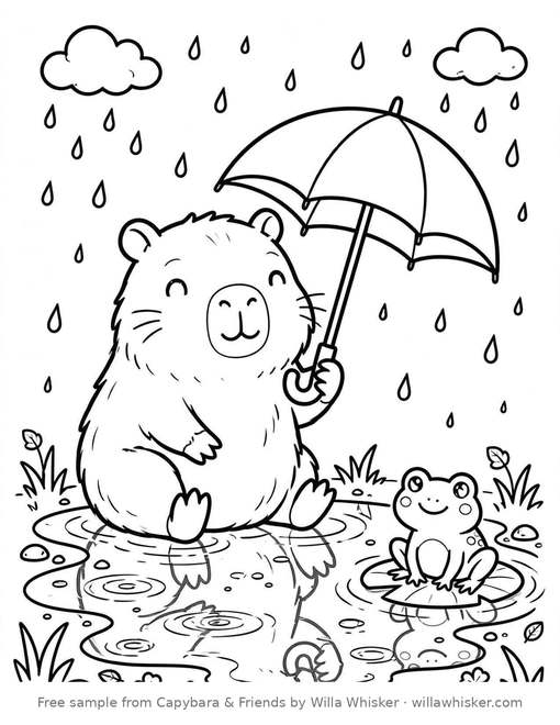 Coloring page line art of a content capybara holding an umbrella in gentle rain with a frog nearby