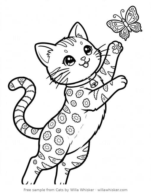 Coloring page line art of a playful Bengal cat with spotted rosettes leaping to catch a butterfly