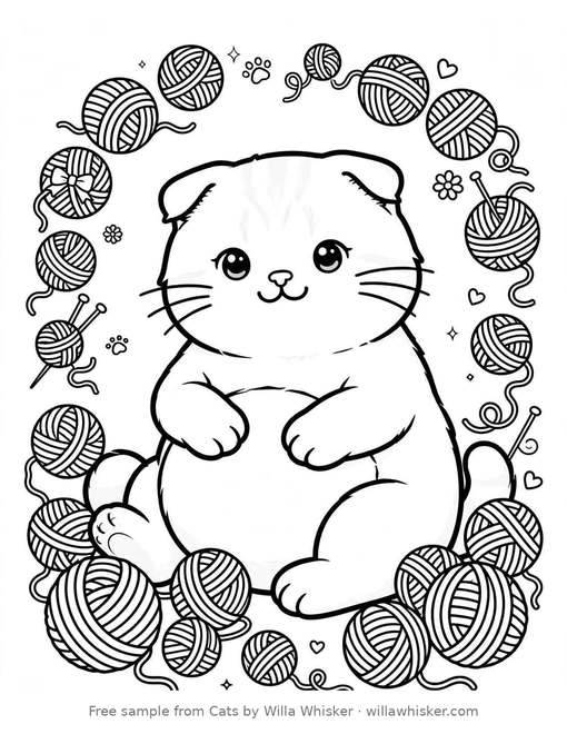 Coloring page line art of a cute Scottish Fold cat with folded ears sitting among yarn balls