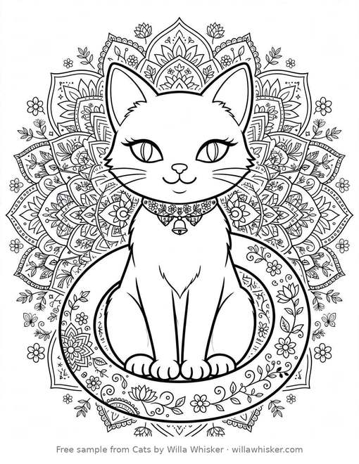 Coloring page line art of an elegant Siamese cat with almond-shaped eyes and decorative mandala patterns